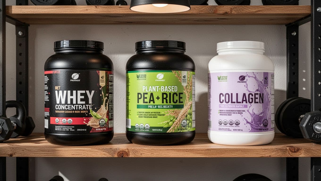 Three protein powder tubs—whey concentrate, plant-based pea rice blend, and collagen—arranged on a wooden shelf in a home gym with soft overhead lighting and clean composition.