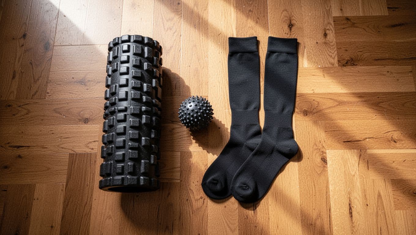 A top-down view shows essential recovery tools on a wooden floor including a foam roller, a firm massage ball, and tall black compression socks, all arranged neatly without any extra clutter.