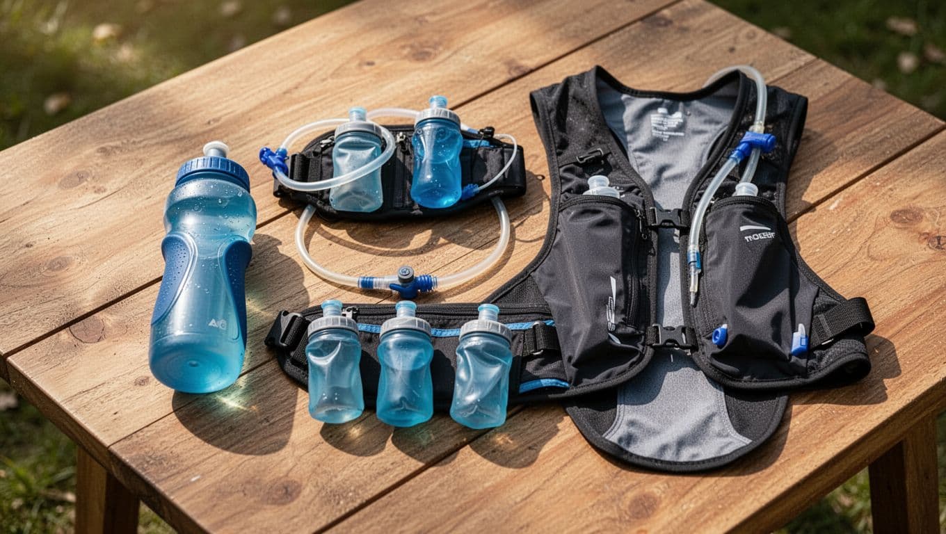 Top-down view of affordable running hydration gear on a wooden outdoor table, featuring handheld bottle, fuel belt with flasks, and slim hydration vest under natural sunlight. Clean, realistic product photo with no text, people, or extra items.