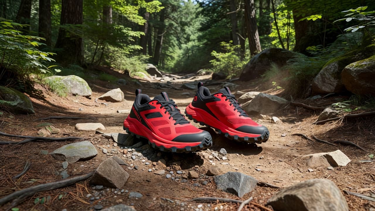 A pair of red and black trail running shoes rests on a rugged, dirt forest path. The low-profile footwear features deep, aggressive lugs designed for navigating complex, technical terrain during races.