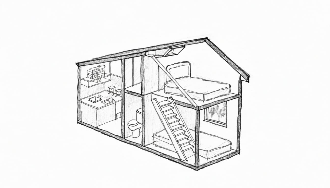 A hand-drawn architectural sketch of a tiny home interior showing a kitchen, bathroom, and loft bed.