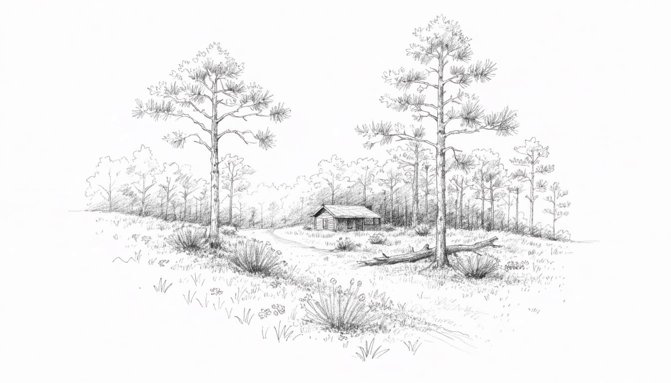 A graphite sketch of a small cabin nestled among trees in a grassy landscape.