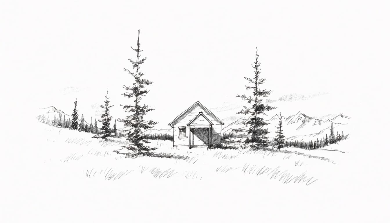 A graphite sketch of a tiny home surrounded by trees and distant mountains.