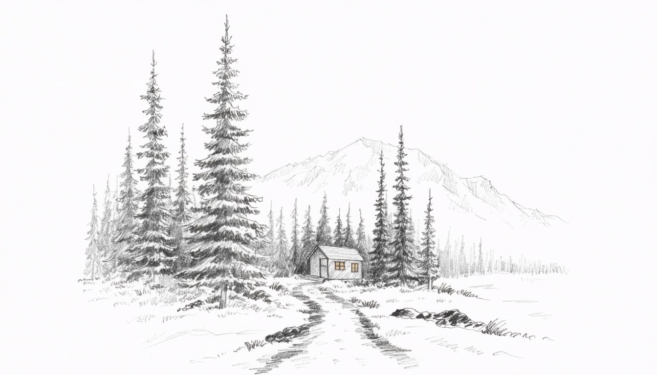A graphite pencil sketch of a tiny home in a snowy forest with tall pine trees and mountains.
