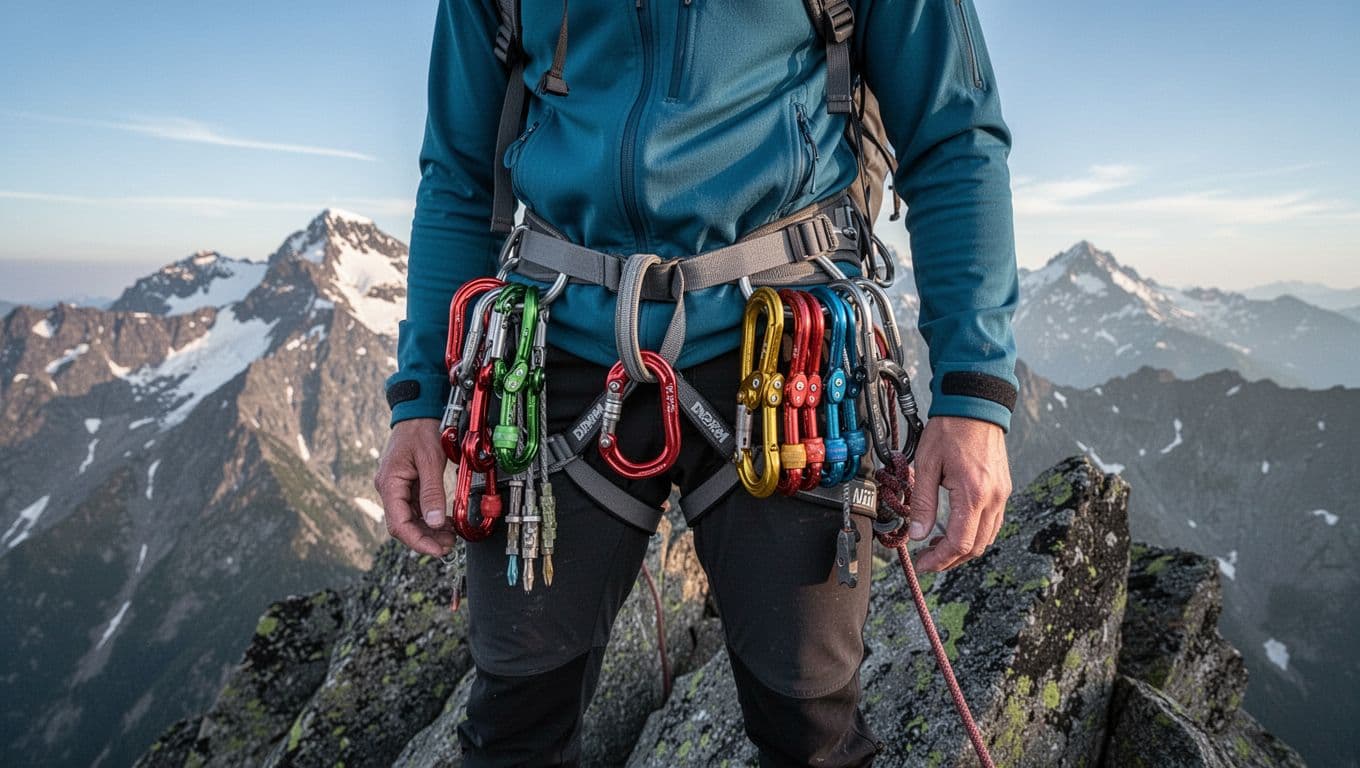 Realistic waist-up photograph of an alpine climber on a rocky ridge with distant snow-capped peaks, featuring a slim harness loaded with double DMM Halfnuts sizes 0-5 grouped by color, small Wallnuts, micro nuts, and a nut tool, in crisp morning light under a blue sky.