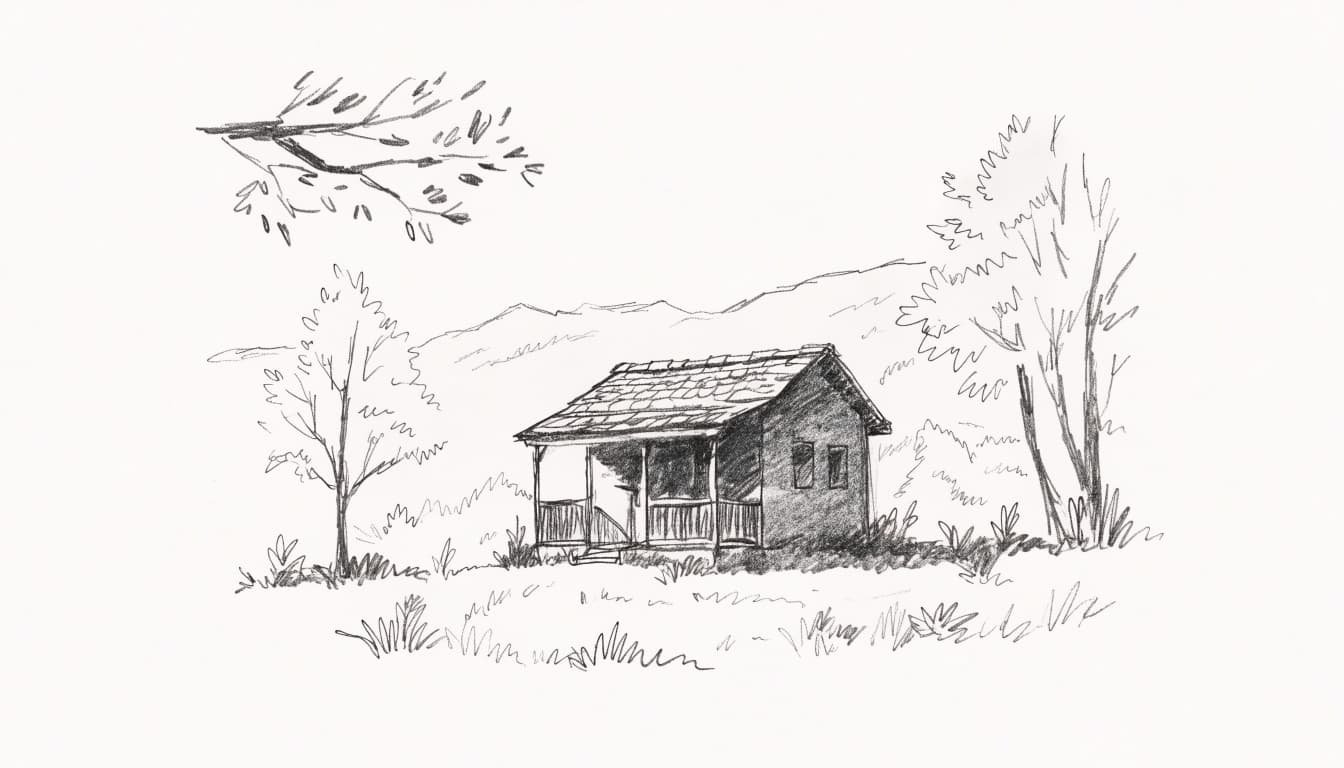 A graphite pencil sketch of a small cabin with a front porch set among trees and rolling hills.