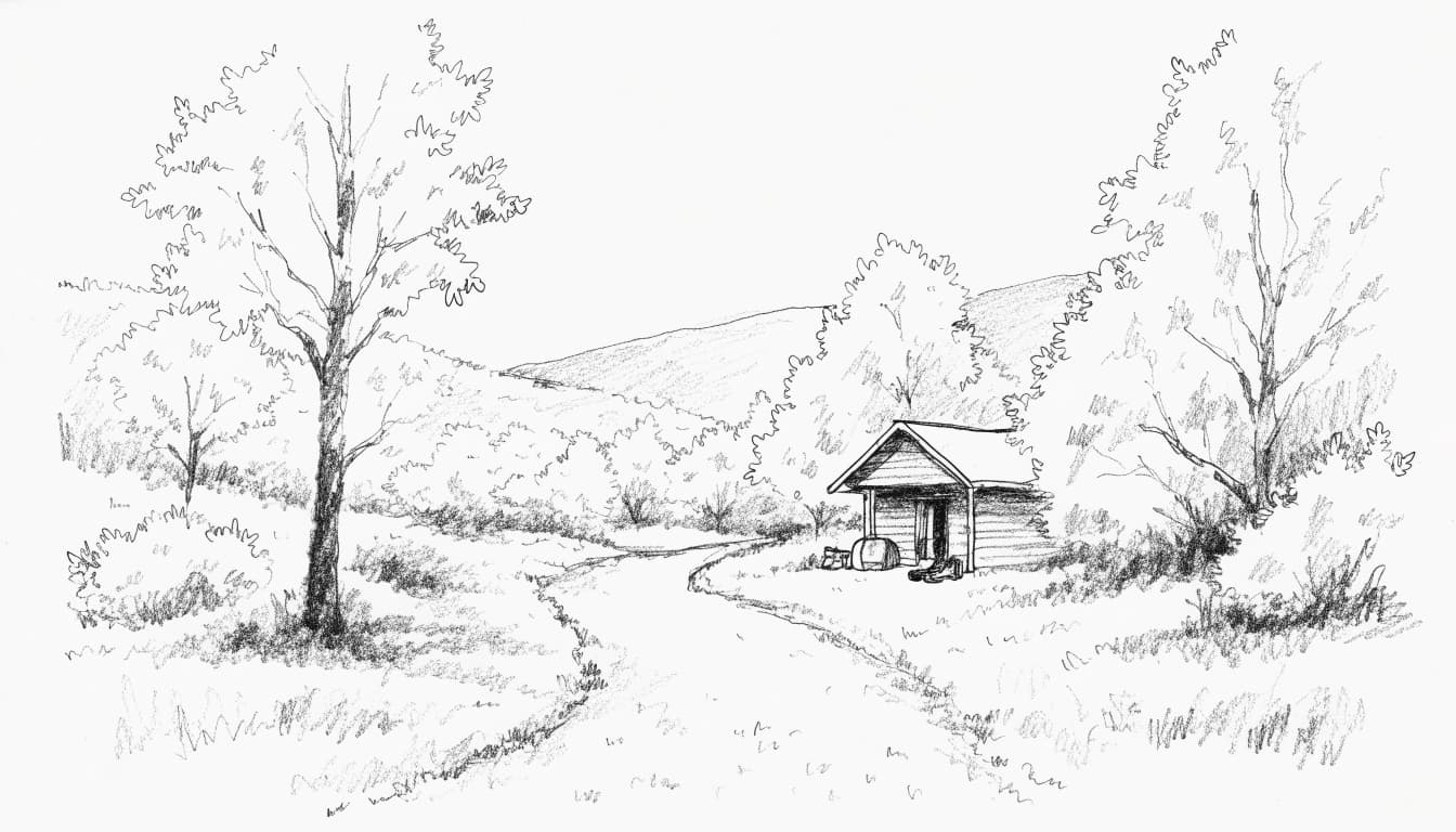 A graphite sketch of a small cabin in a wooded landscape with a winding path.