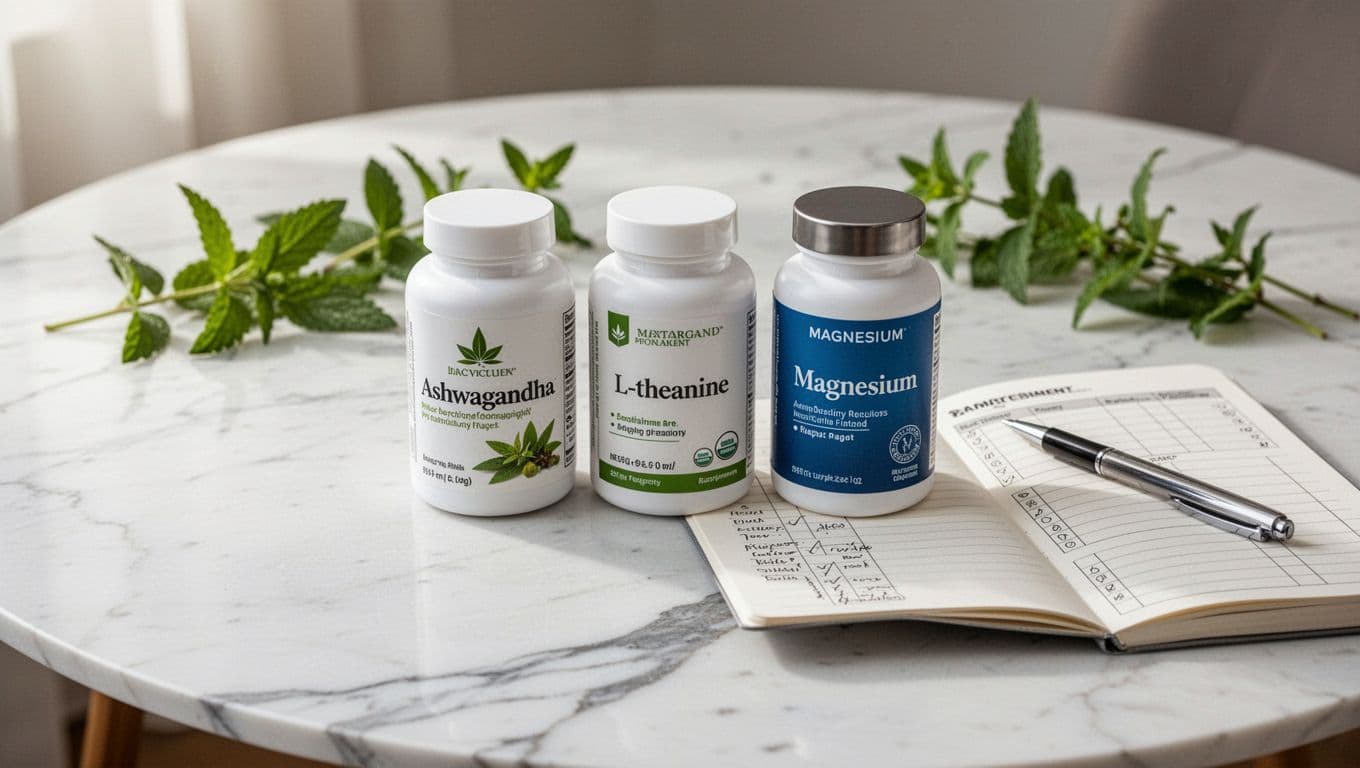 Flatlay of three high-quality supplement bottles for ashwagandha, L-theanine, and magnesium neatly arranged on a white marble table, with an open notebook and pen for tracking, subtle green herb leaves, and soft morning light.