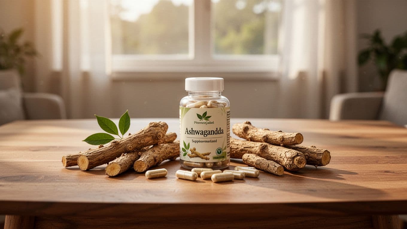 Ashwagandha roots and supplement capsules arranged neatly on a calm wooden table in a peaceful home setting with soft morning light filtering through window, one bottle visible.