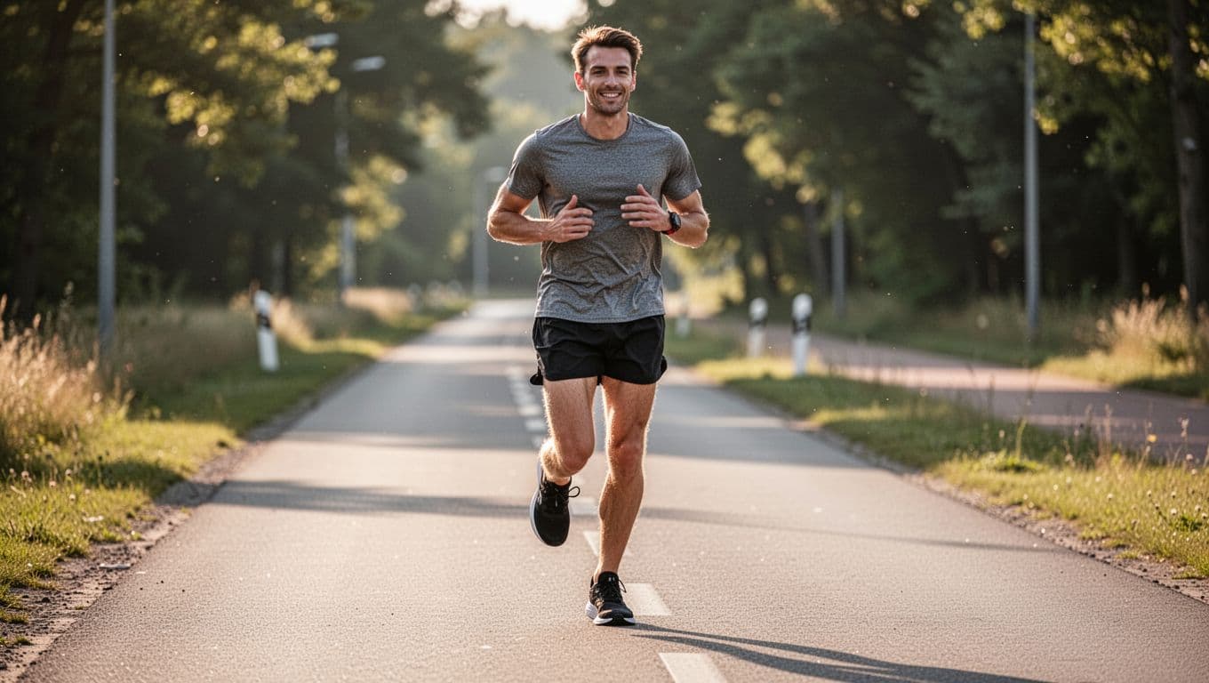 A lone runner in black ASICS Gel Pulse 15 shoes captures mid-stride on a sunny paved path during a relaxed daily training run, showcasing natural posture, slight smile, and detailed shoe stride.