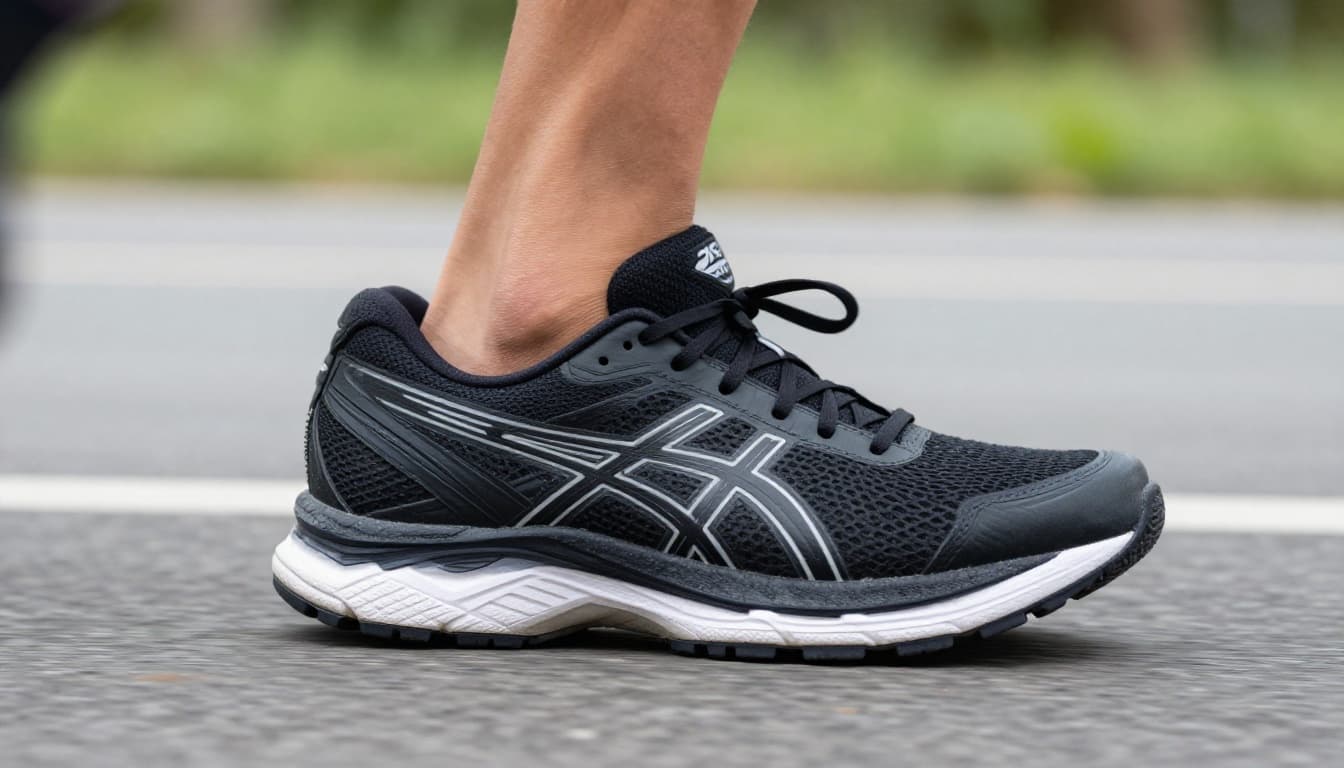 Close-up side profile of a runner's medium-width foot laced into a black ASICS Gel Pulse 15 running shoe during a road run, highlighting secure midfoot hold, roomy toe box, padded tongue and collar, and plush heel cushioning in natural outdoor daylight.