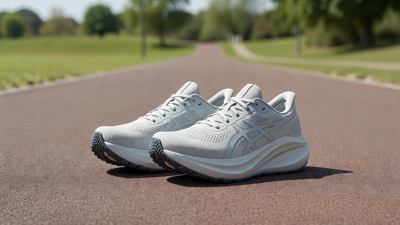 A pair of high-cushion running shoes rests on a paved outdoor track surface. The soft-focus park background highlights the vibrant athletic footwear while suggesting an environment built for daily training runs.