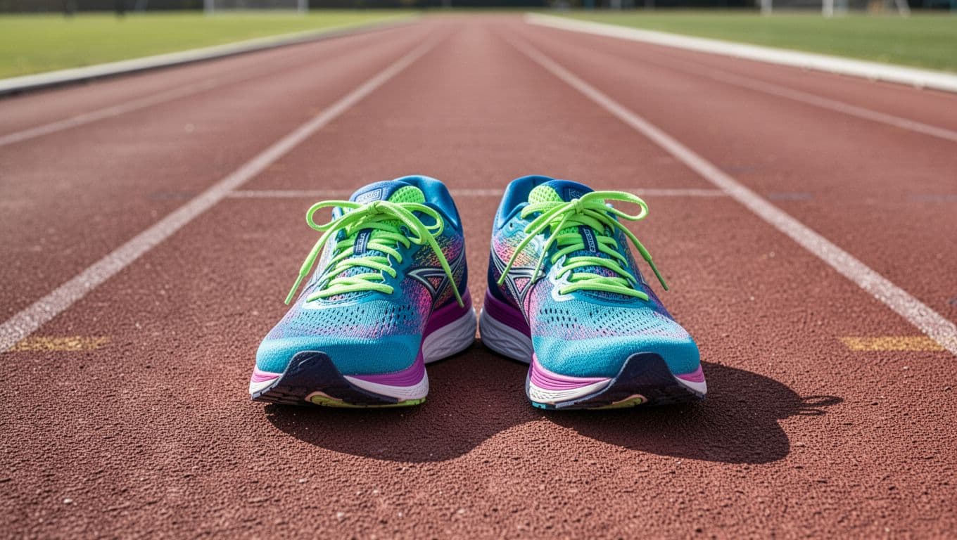 A pair of multicolored running sneakers rests on a textured red athletic track. The focus highlights the intricate fabric patterns while the track path extends into the soft-focus background scenery.