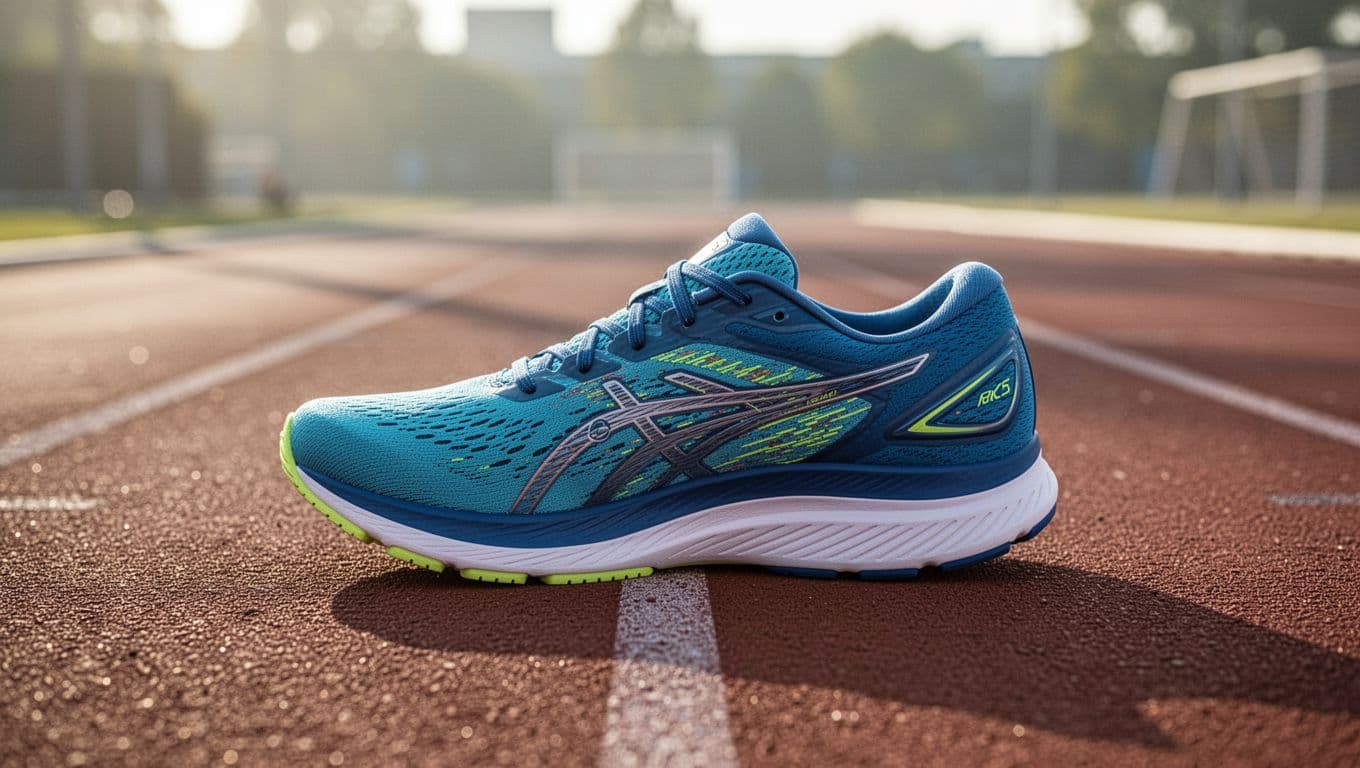 A vibrant, cushioned running sneaker sits on a synthetic textured track surface. Warm morning sunlight highlights the shoe's intricate knit pattern and thick foam sole against a soft, blurred background.