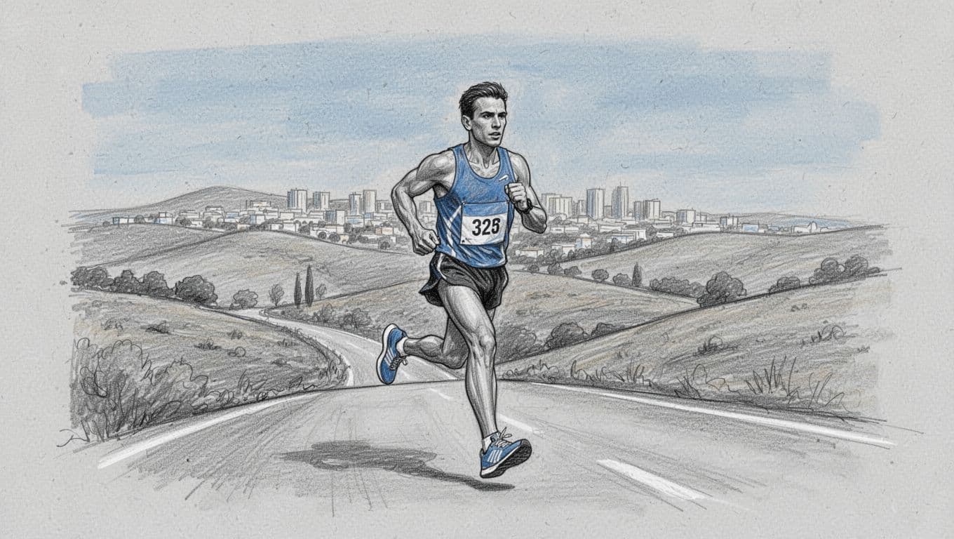 A marathon runner training uphill on a quiet Greek road with hills and distant city views.