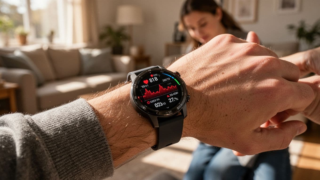 A close-up view shows a person examining heart rate and sleep data on their sports watch. Soft morning sunlight illuminates the digital display while the living room fades into soft blur.