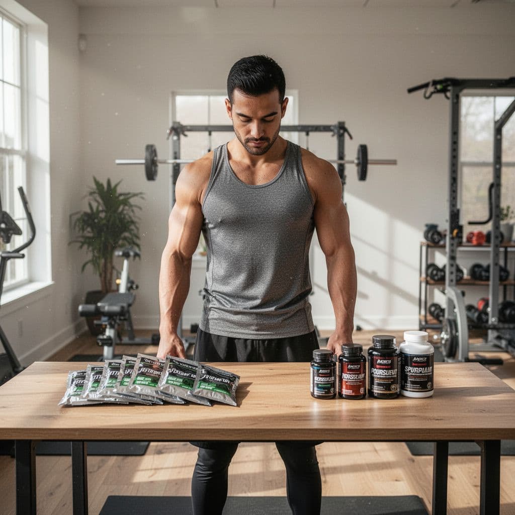 An athlete stands in a home gym considering a nutritional bundle versus individual supplement bottles.