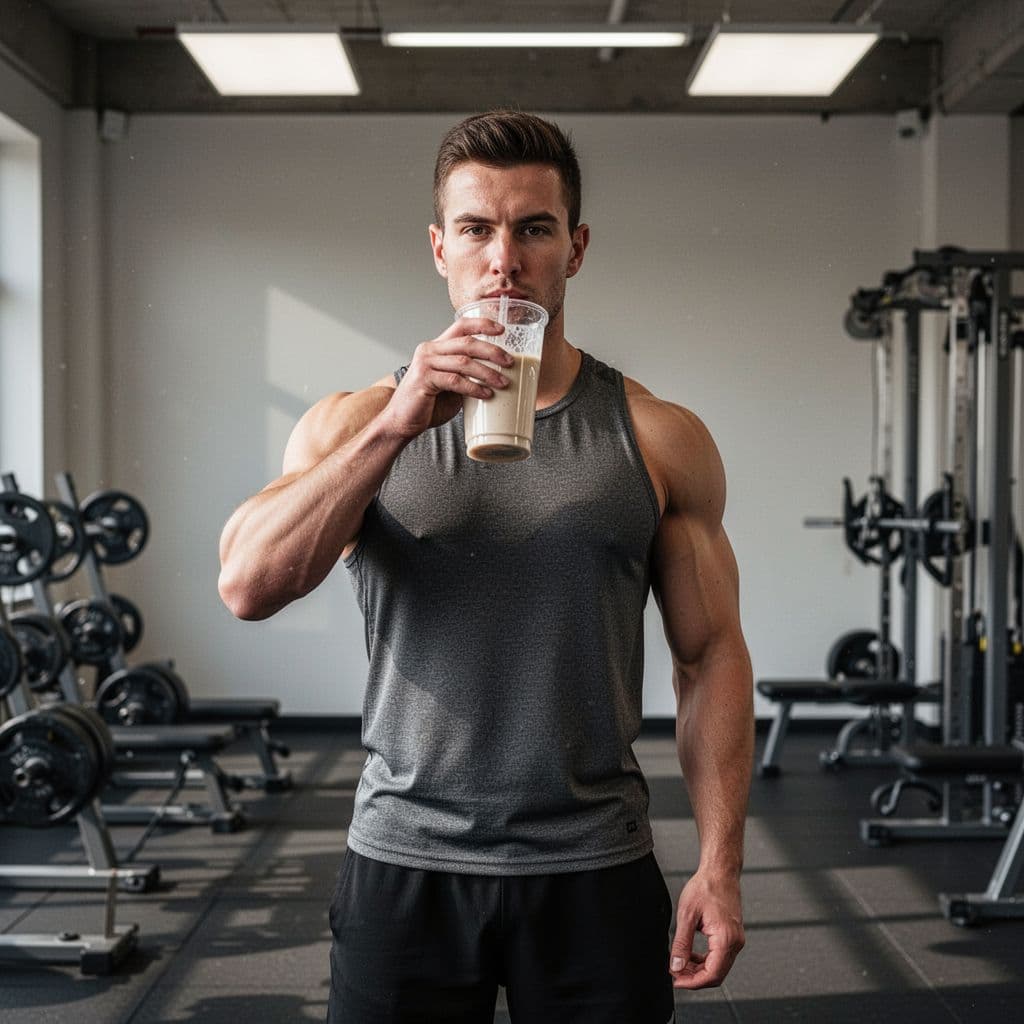 A focused athlete consumes a protein drink in a clean gym environment.