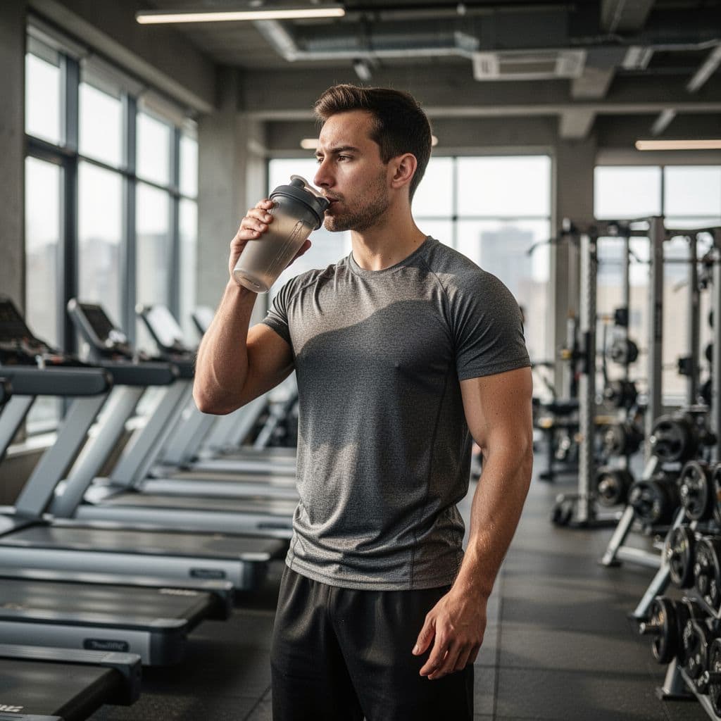 A fit athlete stands in a gym holding a plastic shaker bottle after a workout.