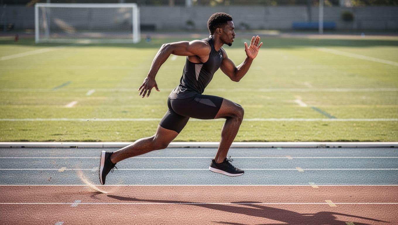 An athletic runner wears neon performance gear while sprinting across a red synthetic track. The low side-angle perspective captures the precise moment of a high-speed foot strike in bright daylight.