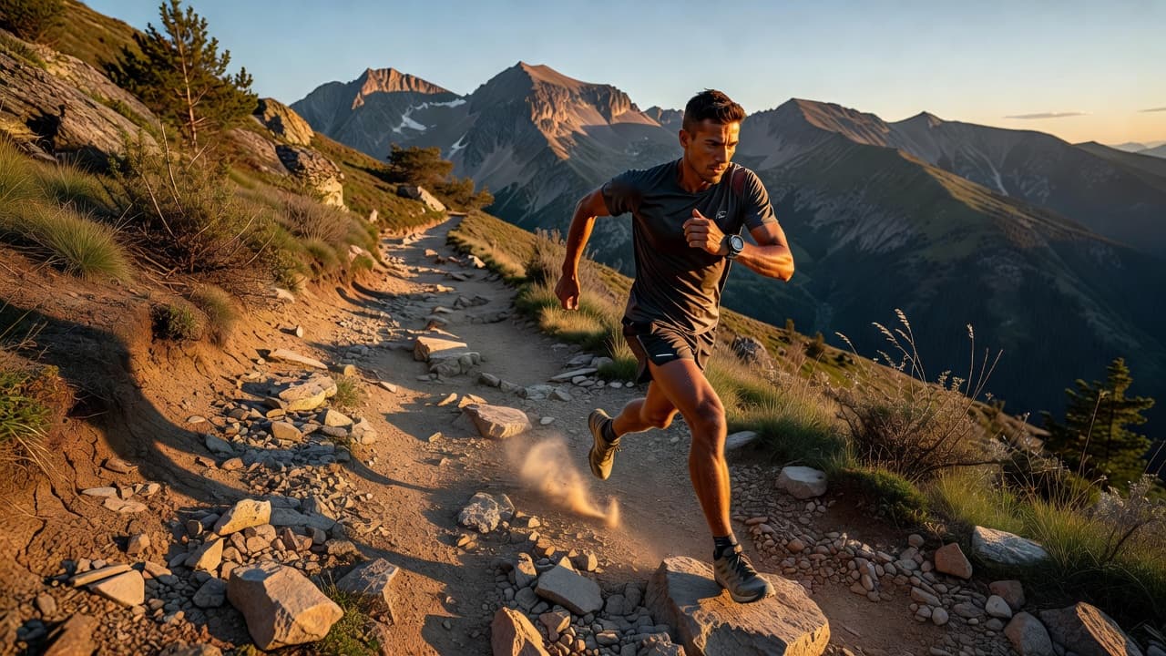 A focused runner moves across a rocky mountain path during a golden sunset. The athlete sports a digital watch, illustrating the endurance equipment needed for long, strenuous weekly training sessions.