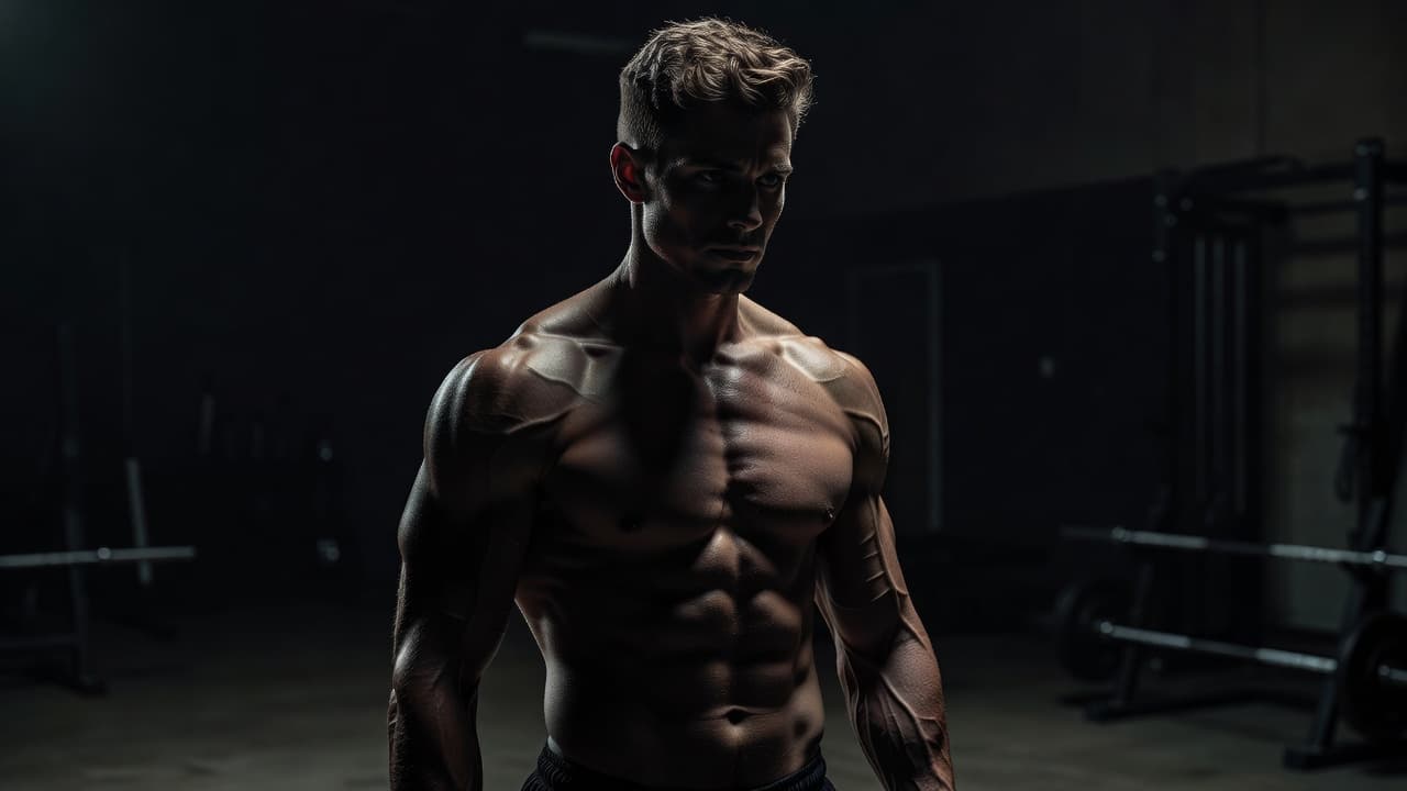 A close-up view of an athlete with defined arm muscles under dramatic side lighting. The dark background emphasizes the texture and physical volume of the skin and muscles during a workout.