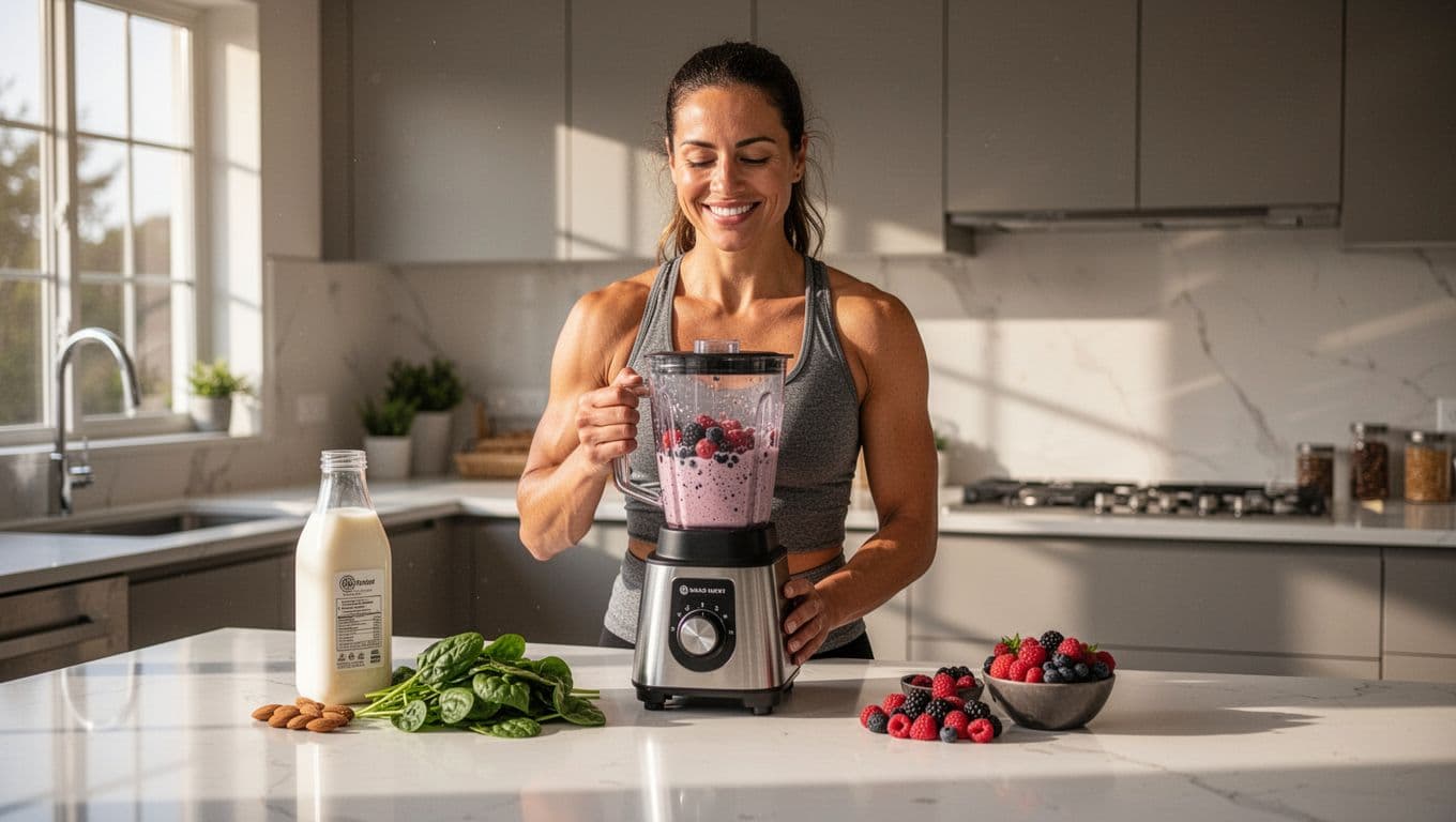 An athletic person with a satisfied smile blends a low-carb protein shake with berries in a modern kitchen, surrounded by ingredients like almond milk and spinach on the counter, bathed in morning light through the window.