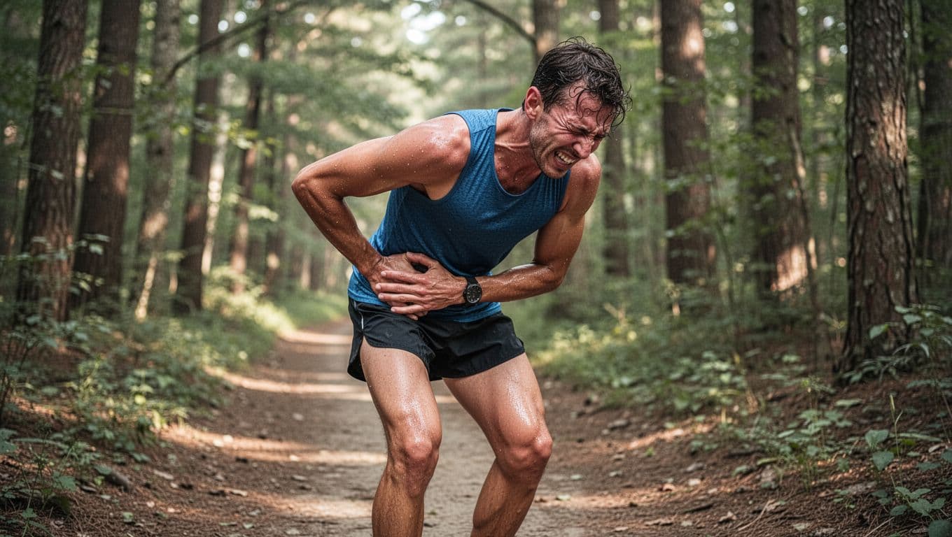 An athletic runner in running gear stops mid-run on a wooded trail, clutching their outer right hip in severe pain, bent forward with a grimacing sweaty face in a dynamic pose.
