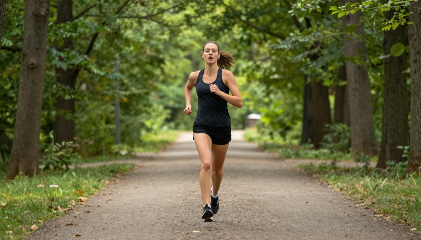 An athletic runner jogs mid-stride on a tree-lined park path, left foot striking the ground during the exhale phase of rhythmic breathing with a relaxed open mouth, tall posture, relaxed shoulders, and naturally swinging arms in dynamic motion under natural daylight.