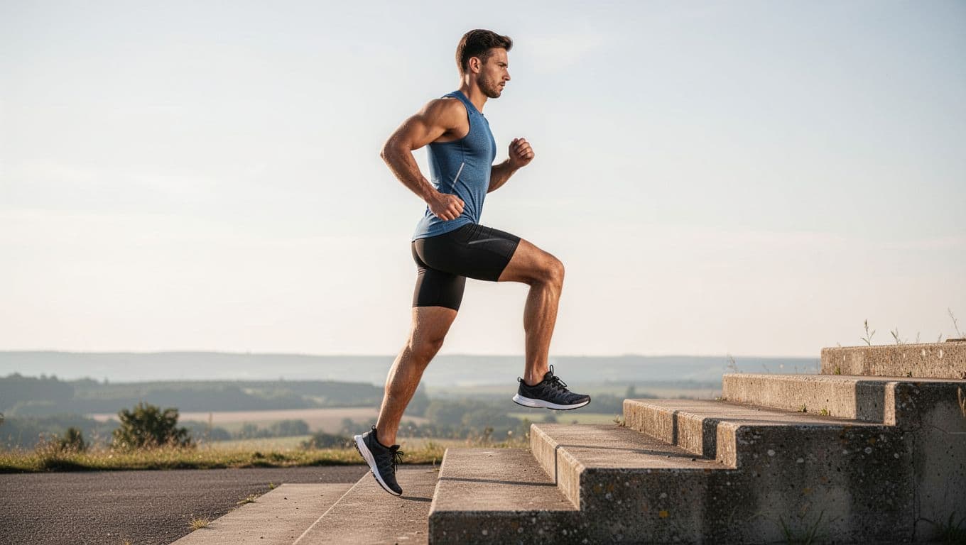 Dynamic side view of an athletic male runner in running gear doing standing calf raises on an outdoor step, mid-rep rising onto toes with straight knees and slow eccentric lower with heel below step level.