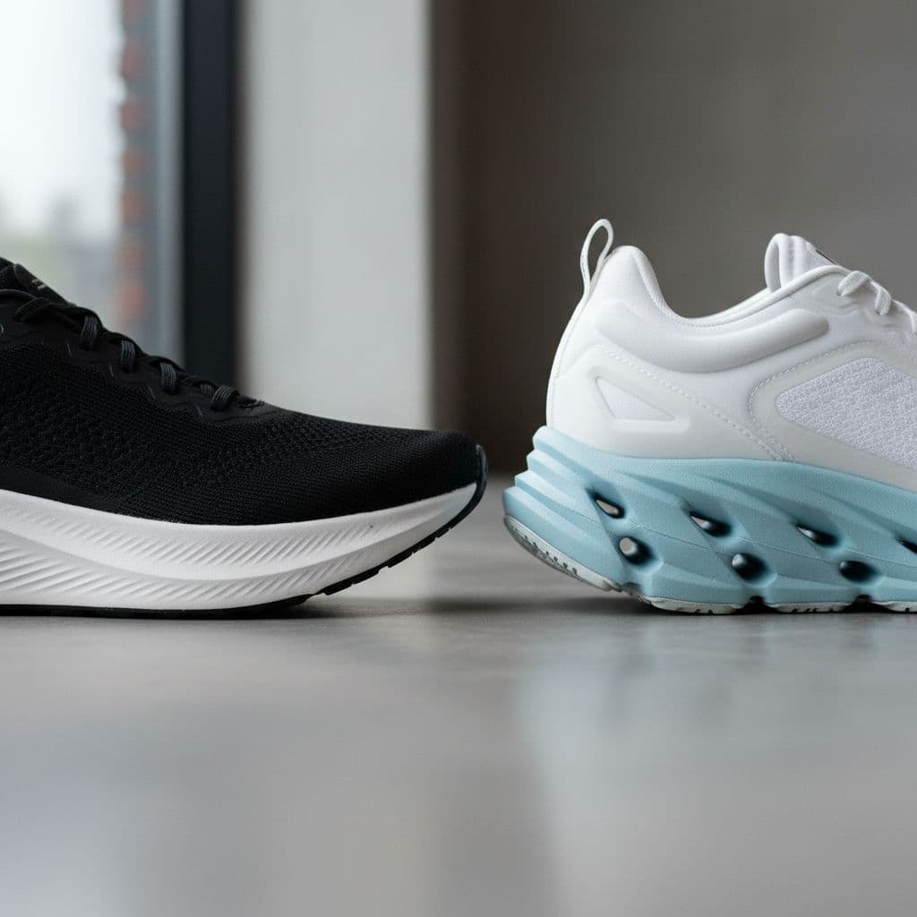 Two running shoes sit side by side on a neutral gray surface. The left shoe features a slim, low-profile midsole, while the right model displays a significantly thicker, chunkier cushioned foam base.