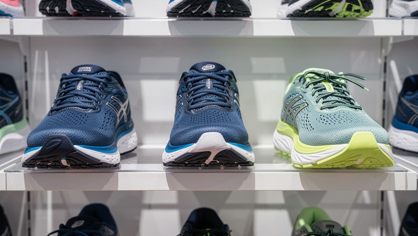 Three distinct running shoes sit side-by-side on a retail shelf, highlighting variations in sole thickness and tread patterns. The display showcases technical features like plush cushioning and firm structural stability designs.