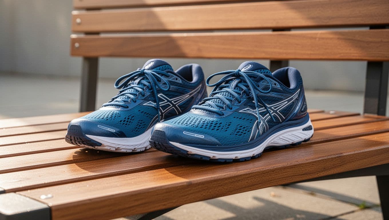 A pair of performance running shoes sits neatly on a smooth wooden bench. Soft morning sunlight illuminates the textured fabric and laces, highlighting the gear in a peaceful, quiet setting.
