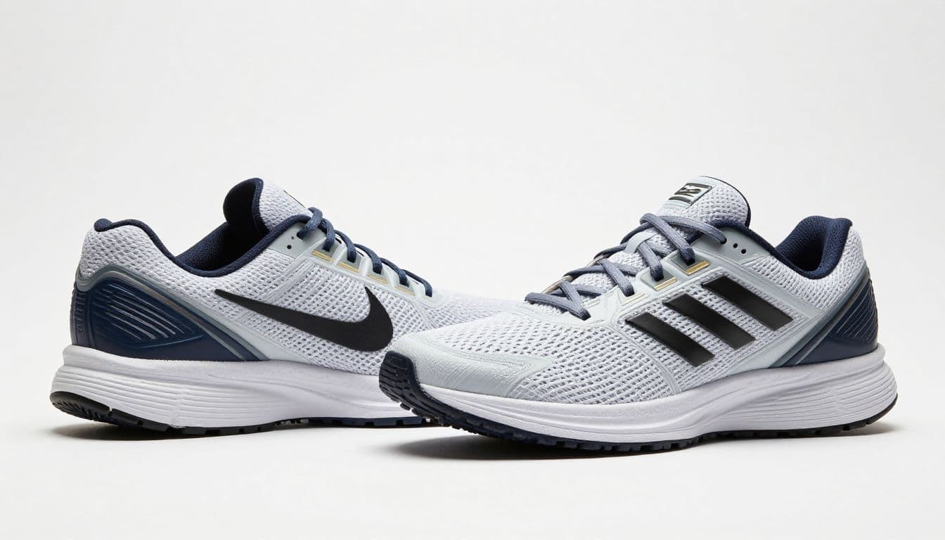A Nike Revolution and Adidas Duramo are placed side-by-side on a white surface. The close-up view highlights the breathable upper mesh fabric and the plush, contoured padding of each heel collar.