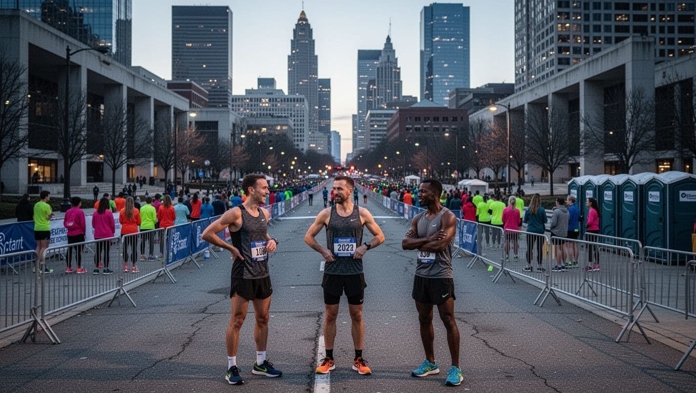 Runners in color-coded start corrals at Colony Square before the Atlanta Half Marathon dawn start, chatting and stretching in cool March blue hour light with Midtown skyline silhouetted ahead.