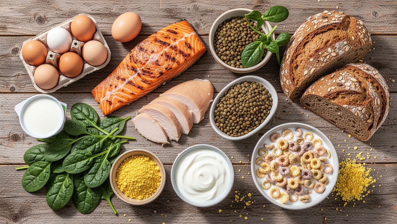 Top-down flat lay of B vitamin rich foods on a rustic wooden table, featuring fresh eggs, grilled salmon, chicken breast, spinach, lentils, whole grain bread, yogurt, fortified cereal, and nutritional yeast. Bright natural daylight enhances vibrant colors and appetizing details with no people, text, or watermarks.