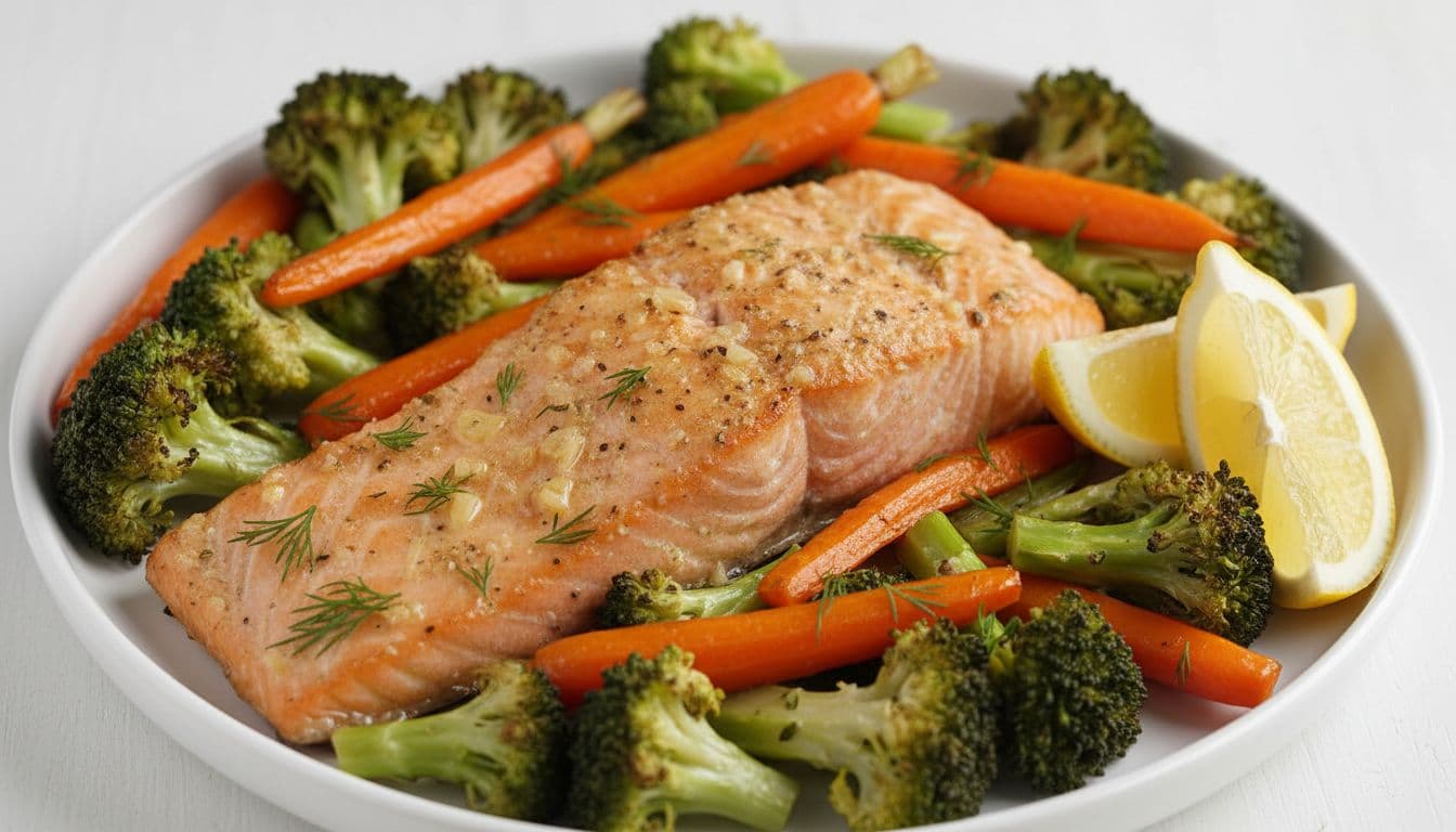 Flaky baked lemon garlic salmon fillet on a white plate with roasted crisp vegetables like broccoli and carrots, lemon wedges and fresh dill garnish, captured in bright natural daylight lighting with a clean healthy food photography style.