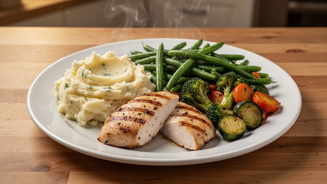 Photorealistic image of a balanced dinner plate with one quarter creamy mashed potatoes, one quarter grilled chicken breast, and half steamed green beans and roasted vegetables, all fresh and colorful with steam rising.