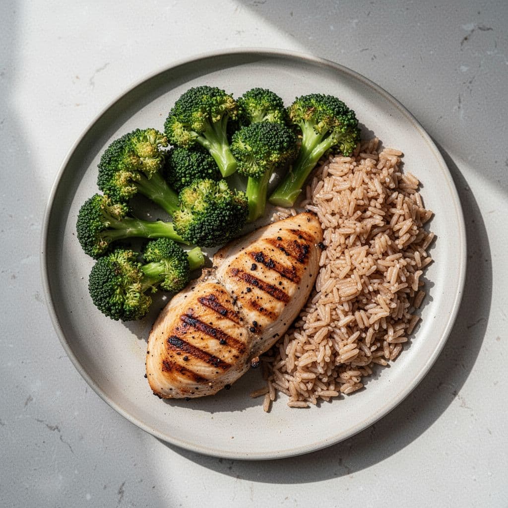A top-down view of a dinner plate containing grilled chicken, steamed broccoli, and brown rice.