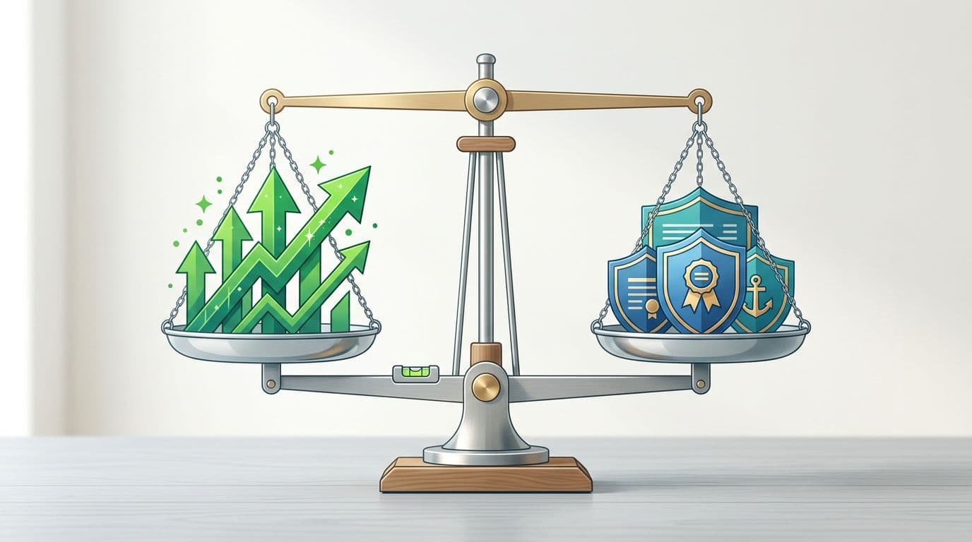 Simple balanced scale on neutral background with stock growth arrows on one side and bond shield icons on the other, symbolizing perfect portfolio balance in clean modern illustration style.