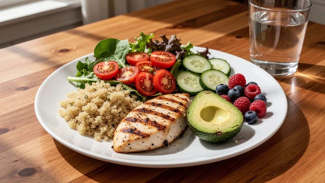Colorful balanced meal on a white plate with grilled chicken breast, quinoa, mixed greens salad, tomatoes, cucumber, avocado slice, and berries, on a wooden table with water, natural lighting, realistic style.