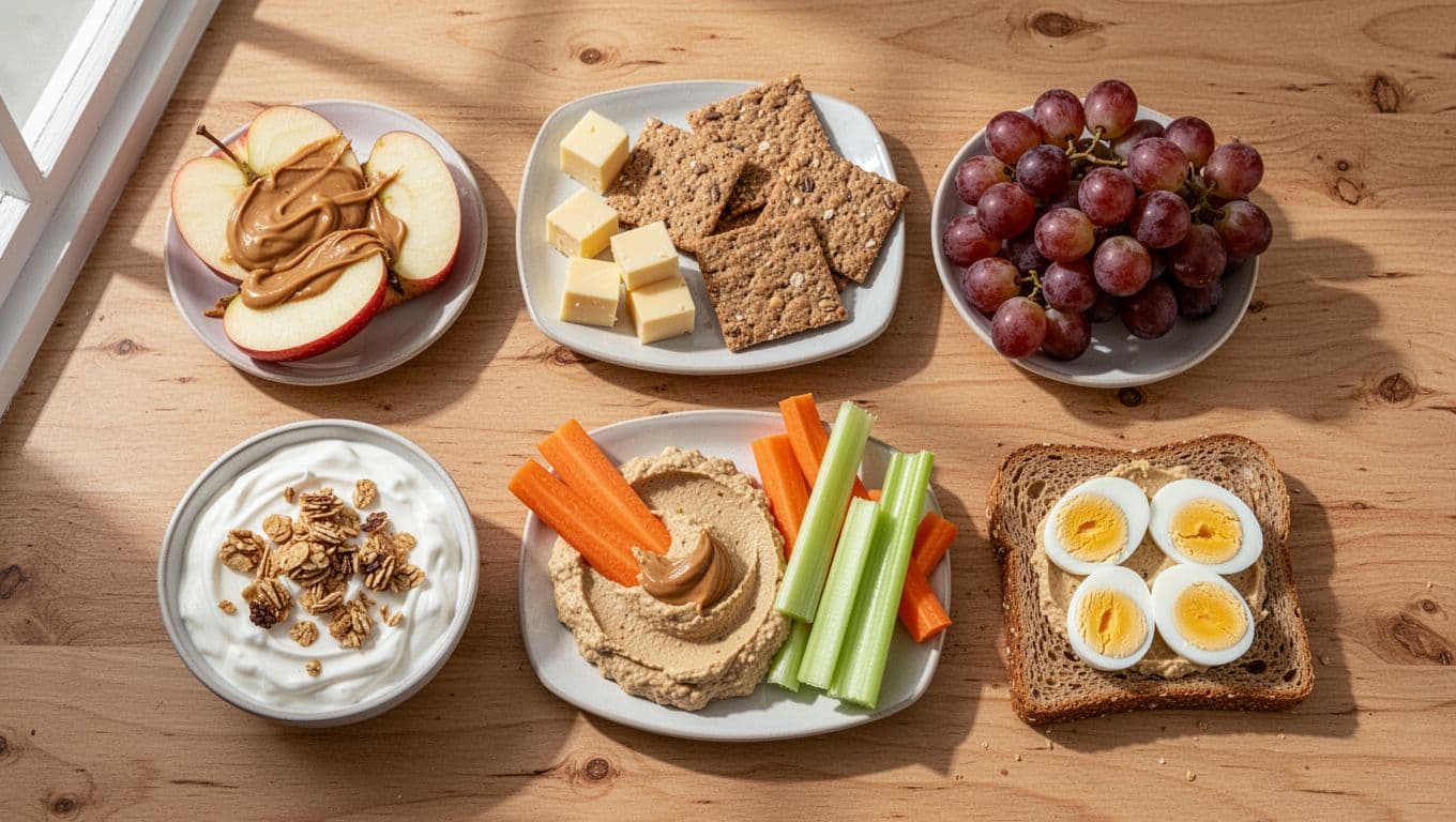 Top-down view of five balanced snack pairings on a wooden kitchen table: apple slices with peanut butter, cheese cubes with crackers and grapes, Greek yogurt with granola, carrot celery sticks with hummus, hard-boiled egg on whole grain toast. Photorealistic with natural daylight and high detail on fresh textures.