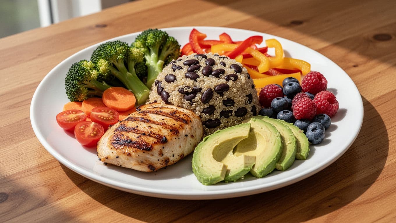 Realistic high-resolution food photography of a balanced meal on a white plate over a wooden table, featuring grilled chicken breast for protein, quinoa and black beans for fiber, colorful vegetables like broccoli, carrots, cherry tomatoes, and bell peppers, avocado slices for healthy fats, and mixed berries, lit by bright natural daylight.