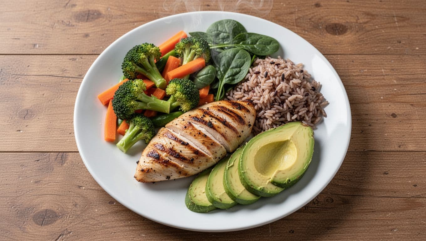Top-down view of a balanced runner's meal on a white plate with grilled chicken breast, colorful mixed vegetables like broccoli, carrots, and spinach, brown rice, and sliced avocado, steam rising, on a wooden table in natural light, appetizing realistic food photography.