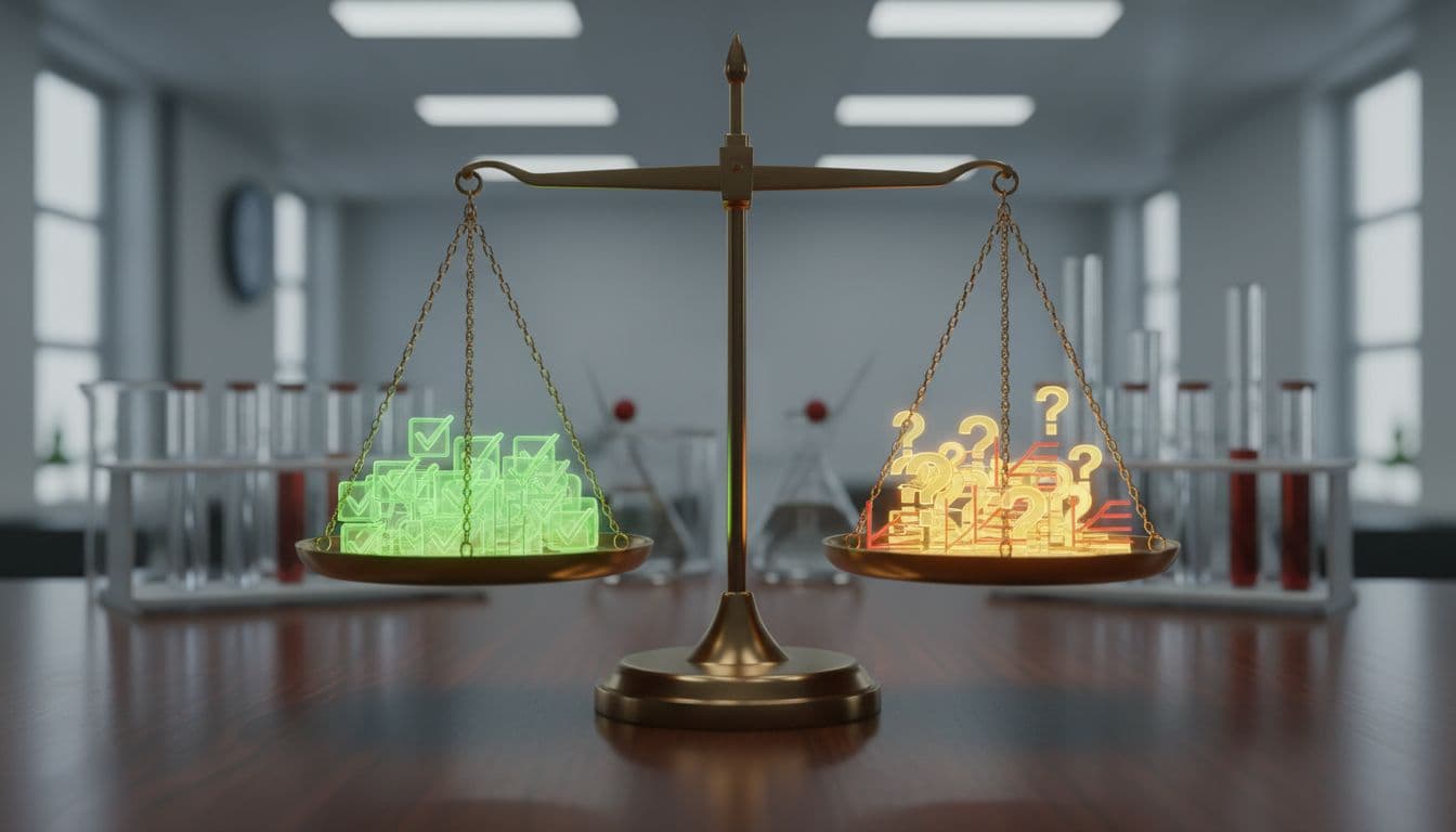 Realistic photo of a scientific scale on a lab table, one pan with positive joint research icons like green checkmarks and upward graphs, the other with mixed results including question marks and flat lines, perfectly balanced to illustrate variability in glucosamine studies.