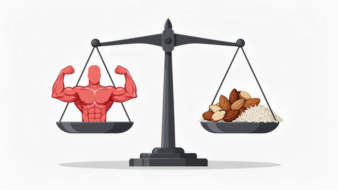 Illustration of a balanced scale with muscle icons on one side and a small pile of extra calories represented by nuts and rice on the other. Simple flat design on a clean white background with vibrant colors, landscape orientation.