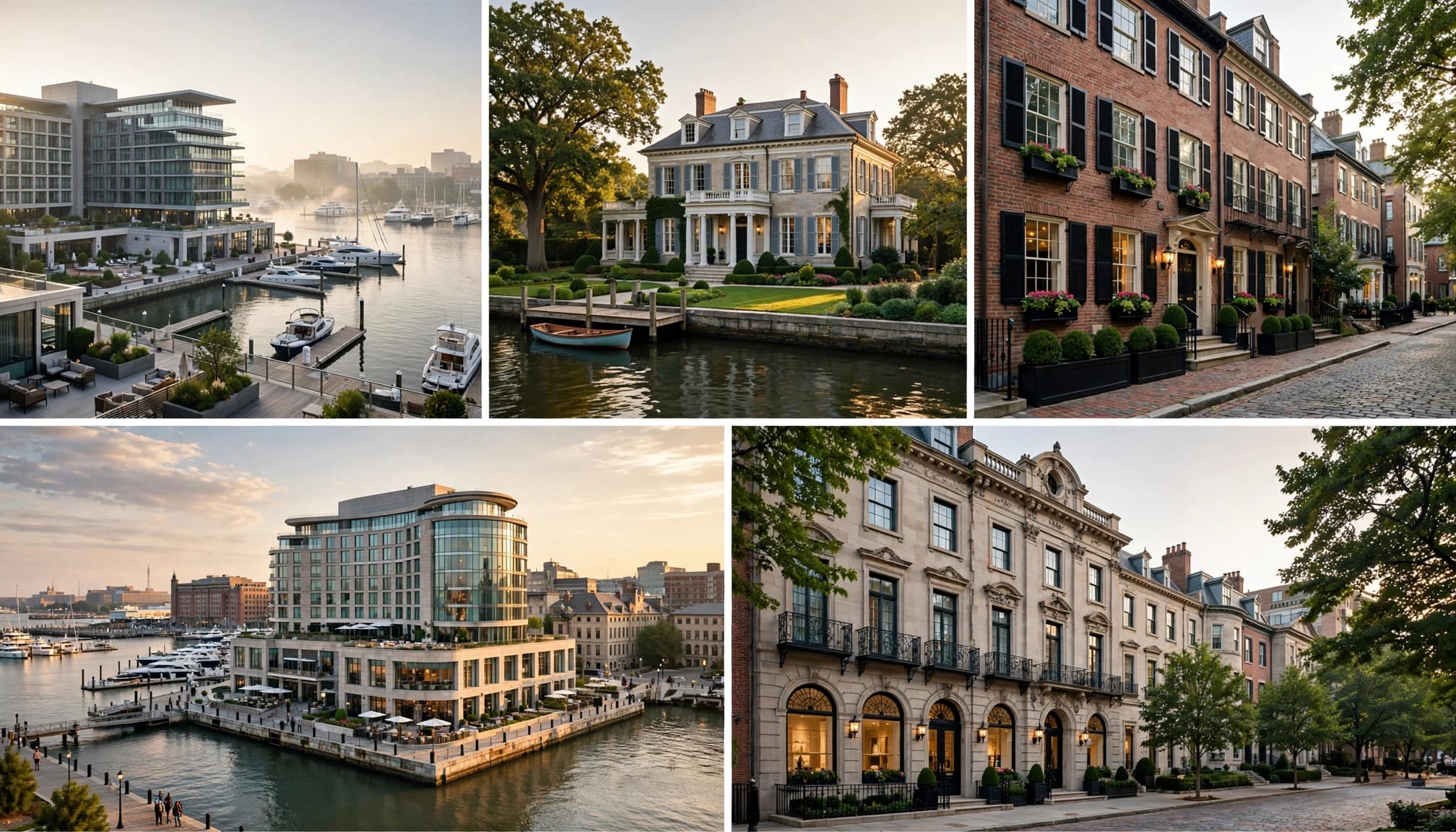 Five luxury hotels shown across Baltimore waterfront and historic neighborhoods.