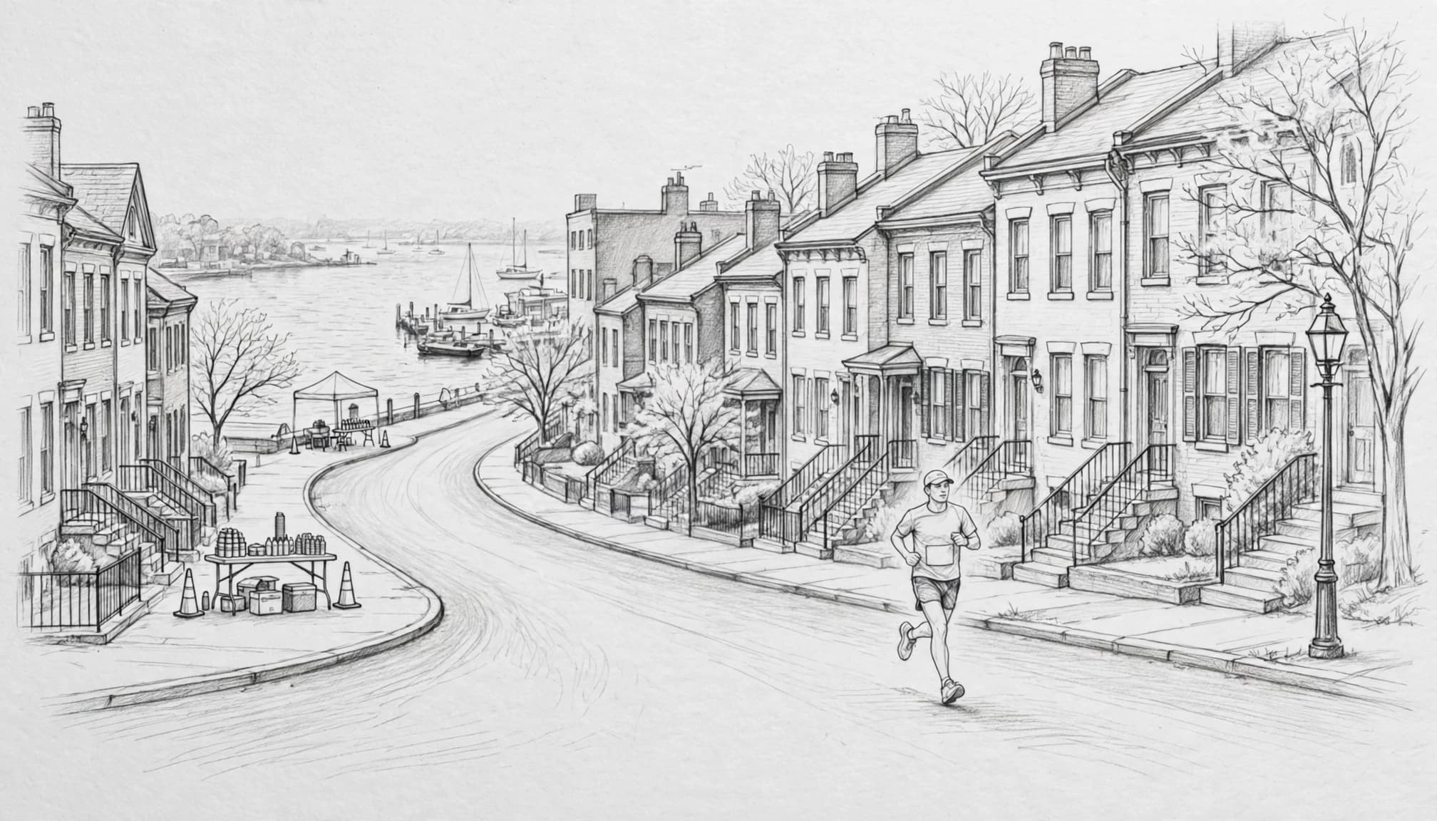 A lone runner moves along rowhouse streets toward the waterfront.