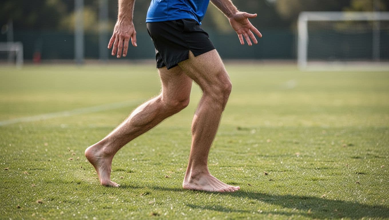 Close-up side profile of a single runner performing short barefoot marching drill on soft grass field with midfoot loading, toes spreading naturally, and relaxed hands in daytime outdoor natural lighting.