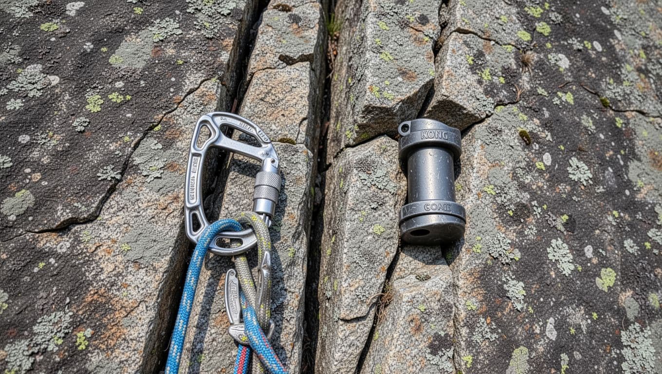 Highly detailed realistic photo of a large cam like BD #5 expanded in a wide parallel crack next to a Kong tube chock expanded in a similar granite crack, side-by-side on the same wall under natural outdoor daylight.